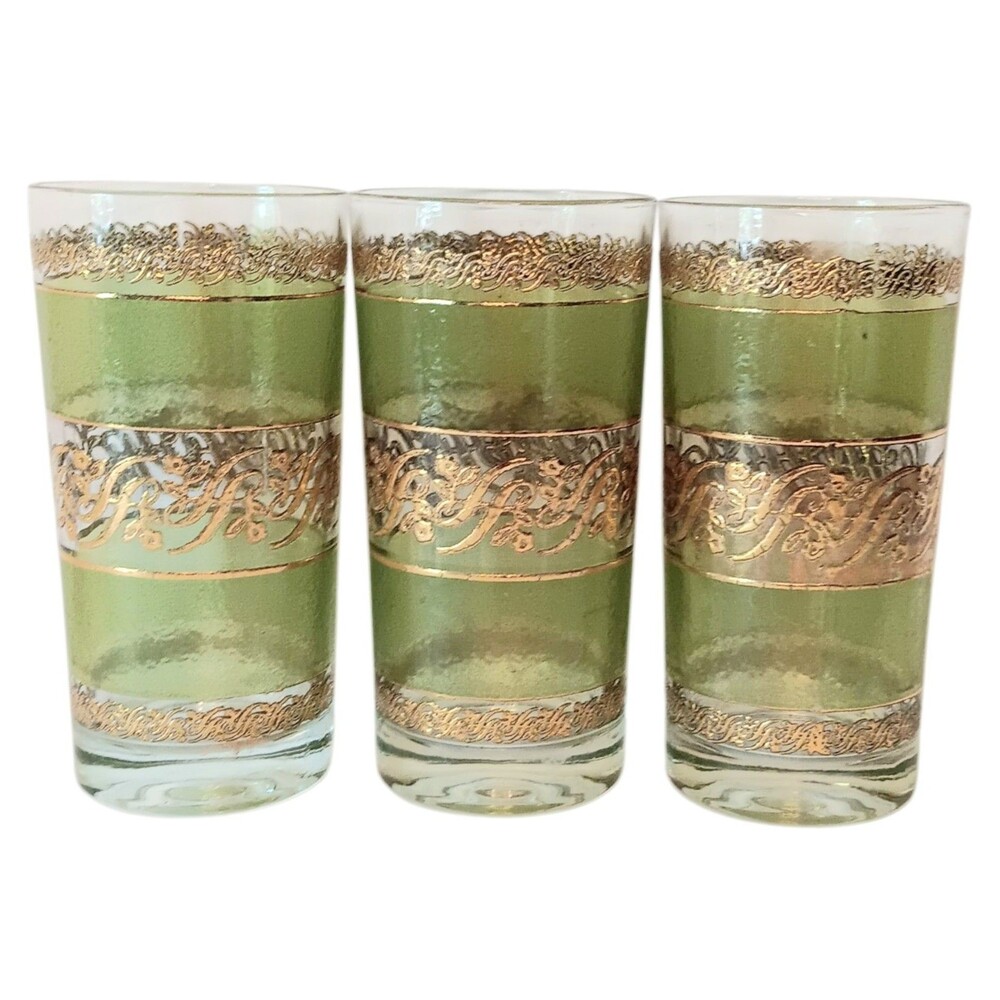 Culver Starlyte Highball Glasses Green Clear 22K Gold Three 5.5" X 2.5" VTG MCM